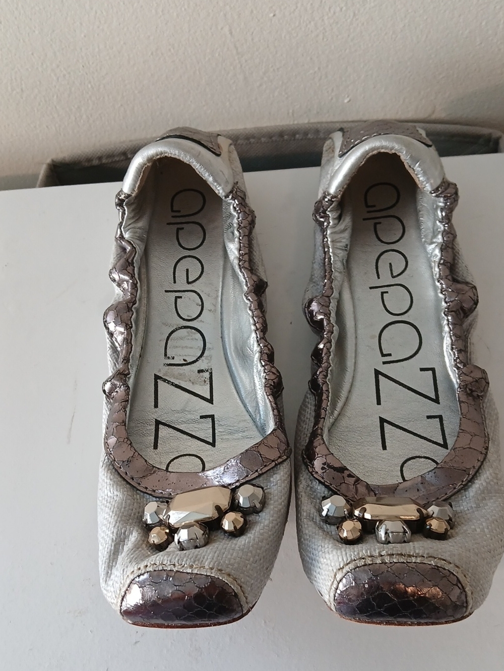 Apepazza Silver Metallic Jeweled Snake-Trim Ballet Flats